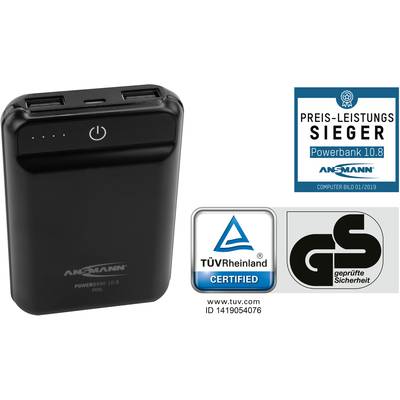 Batterie externe noire Ansmann 10,8 avec certification TÜV Rheinland et label GS. Primée meilleur rapport qualité-prix par Computer Bild 01/2019.