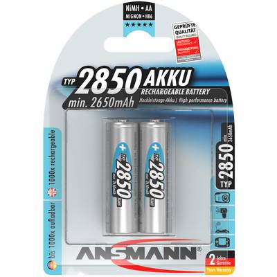 Deux batteries Ansmann Type 2850 NiMH AA d'une capacité d'au moins 2650 mAh en emballage d'origine. Deux ans de garantie.