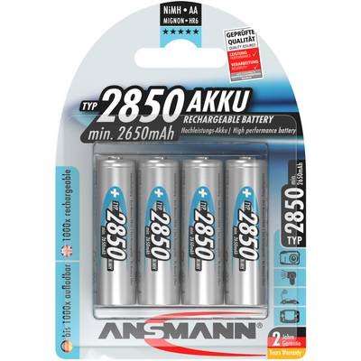 Ansmann 2850 Akku, batteries NiMH AA, lot de 4, rechargeables, capacité : min. 2650mAh, rechargeables 1000 fois, garantie de 2 ans.