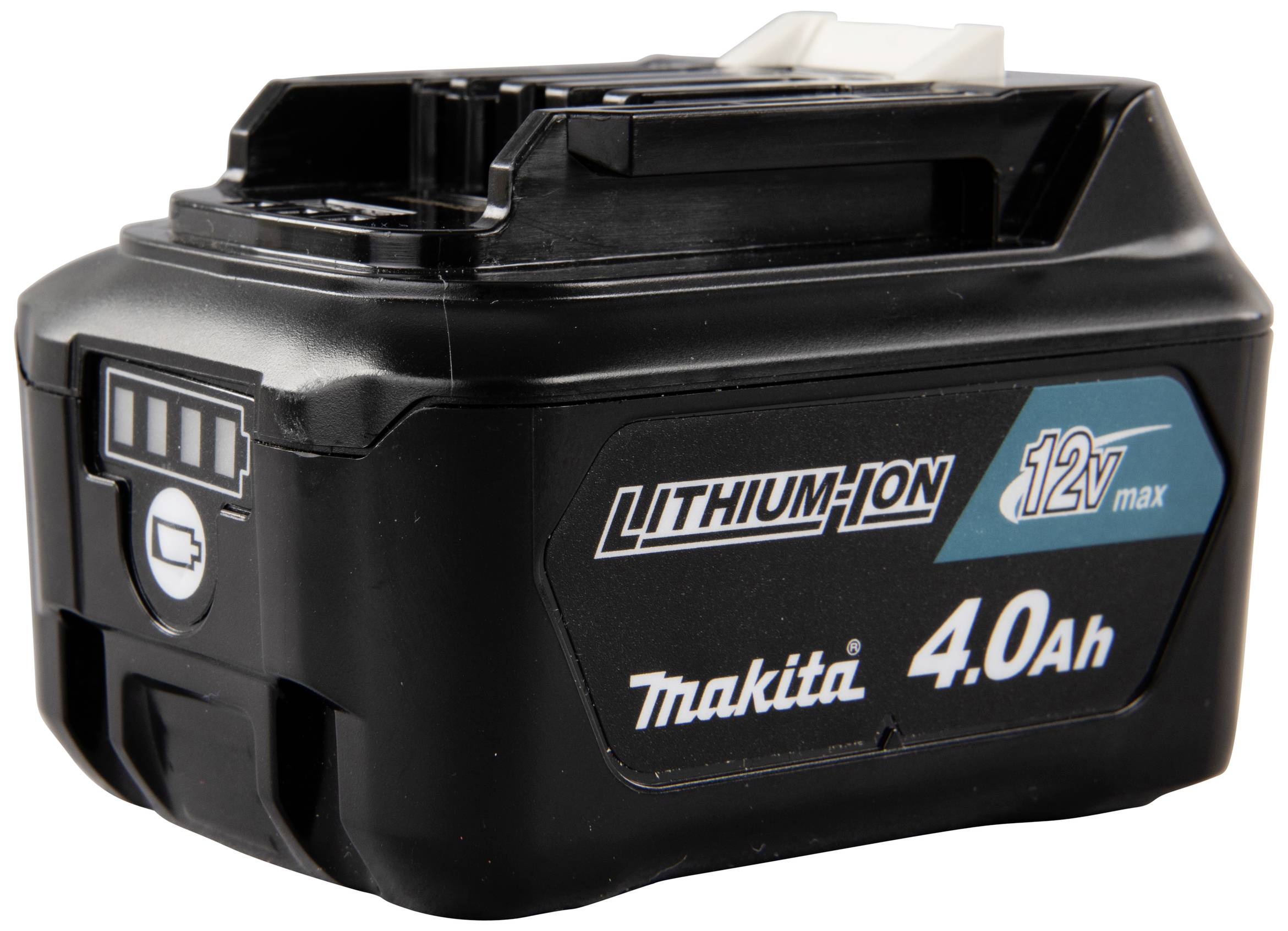 Batterie lithium-ion Makita de 12V et 4,0Ah, avec indicateur de niveau de charge et marquage sur le côté.