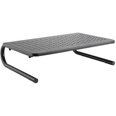 Un support noir en métal à surface perforée, conçu pour surélevez les moniteurs ou les ordinateurs portables afin de favoriser un travail ergonomique.