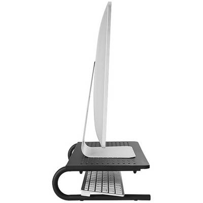 Un moniteur est placé sur un support surélevé, avec un clavier rangé en dessous. Cette disposition permet d'économiser de l'espace sur le bureau.
