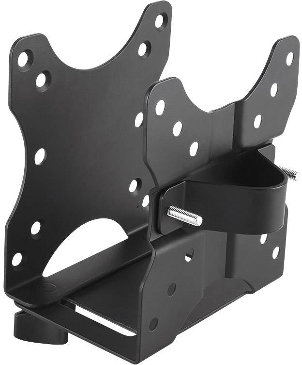 Support TV en métal noir, avec plusieurs trous pour la fixation murale. Comprend des vis et une sangle pour une fixation sécurisée.