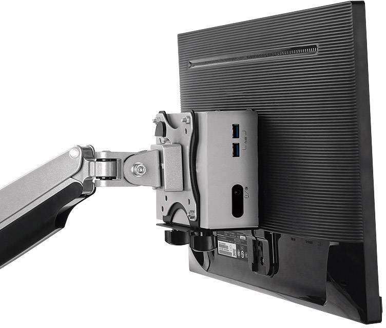 Un mini-ordinateur est monté à l'arrière d'un écran. L'écran est supporté par un bras flexible.