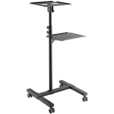 Chariot pour ordinateur portable noir, réglable en hauteur, équipé de roulettes, avec deux étagères - une en haut et une au milieu - conçu pour une utilisation polyvalente au bureau.
