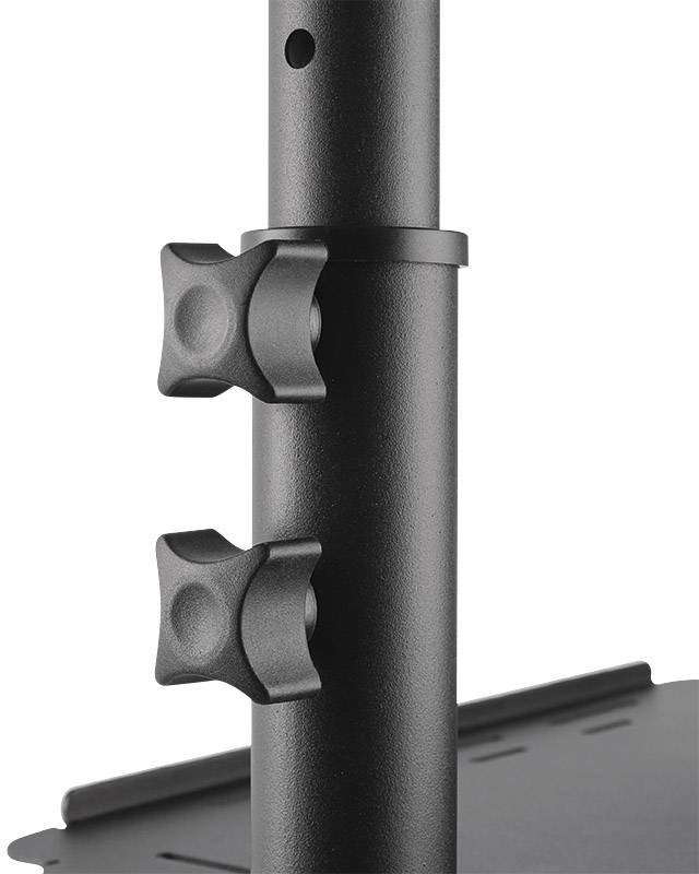 Une barre métallique noire avec deux boutons de réglage en forme d'étoile, probablement une partie d'un support ou d'un support réglable.