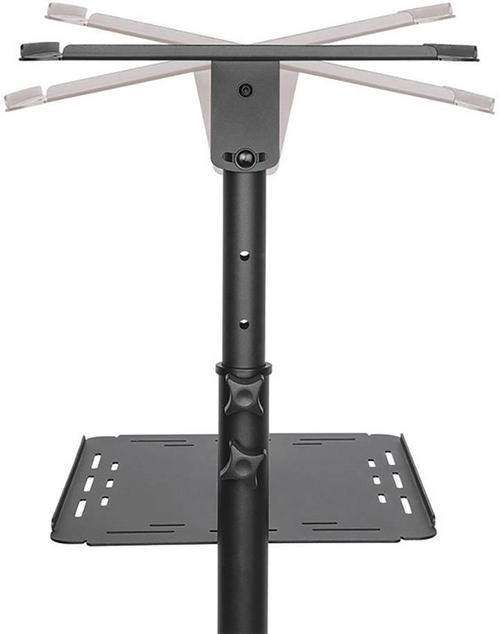 Support réglable en hauteur avec tablette, adapté aux appareils électroniques. Bras pliables en haut, base solide en bas.