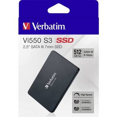 Emballage d'un SSD Verbatim Vi550 S3, 2,5" SATA III, 512 Go. Caractéristiques : vitesse élevée, lecture 560 Mo/s, écriture 535 Mo/s.