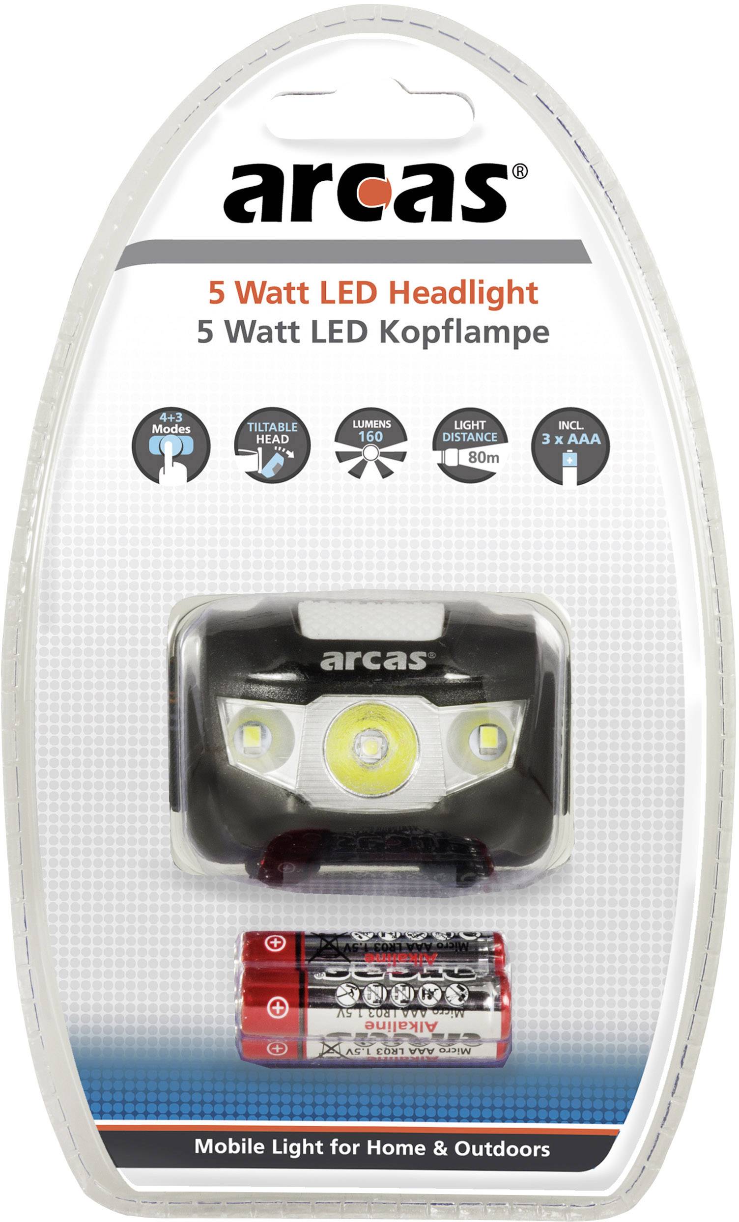 Lampe frontale LED de 5 watts, incluant 3 piles AAA. Adaptée à une utilisation en intérieur et en extérieur.