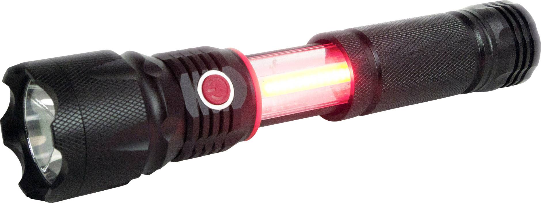 Lampe de poche noire avec un élément lumineux rouge au centre, design robuste, adaptée aux activités de plein air.