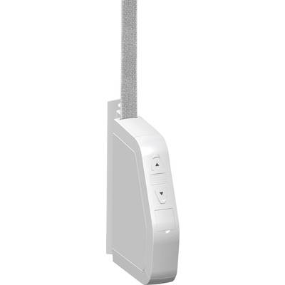 Commande électrique blanche pour volet roulant avec touches de montée et descente. Une bande grise est fixée en haut.