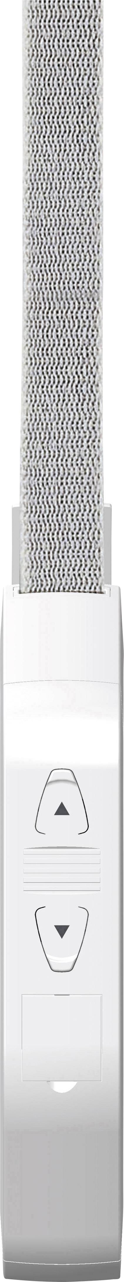 Télécommande blanche pour stores vénitiens avec touches fléchées orientées vers le haut et vers le bas, fixée à une bande de tissu grise.