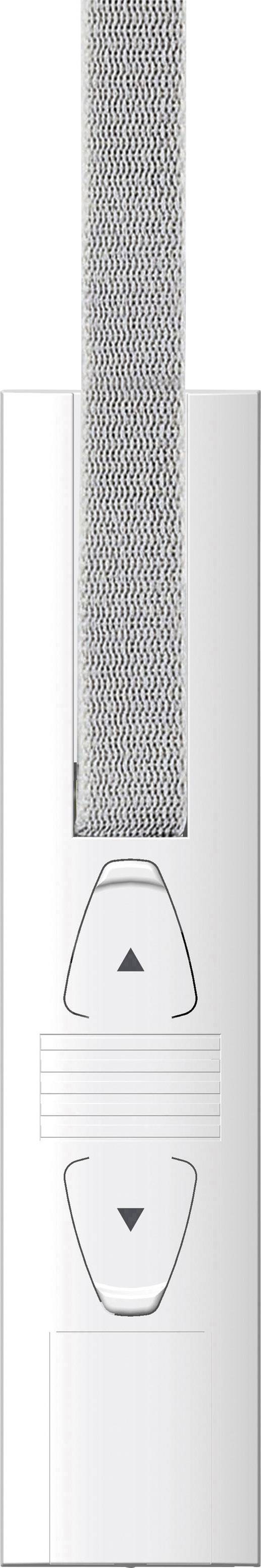 Une télécommande blanche avec deux touches fléchées pointant vers le haut et vers le bas pour le contrôle d'un appareil. Une bande de tissu grise est attachée en haut.