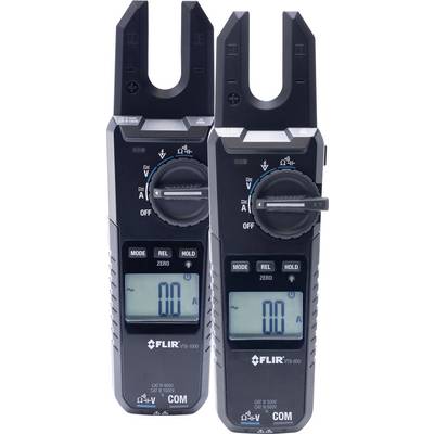 Deux multimètres numériques avec ouverture à fourche, affichage LCD bleu et sélecteur rotatif pour différentes mesures électriques.