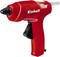 Pistolet à colle chaude rouge avec gâchette noire et bâton de colle blanc, nom de marque 'Einhell' sur le côté.