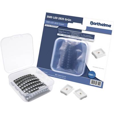 'Emballage et boîte de rangement des SMD LED 2835 Vertes de Barthelme avec informations produit et image du luminaire LED.'