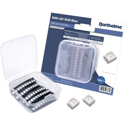 Emballage de LED CMS 3528 bleues de Barthelme. Présente le produit dans un conteneur en plastique et son emballage. Contient 100 pièces.