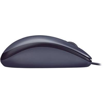 Une souris d'ordinateur noire filaire, vue de côté, montrant son design ergonomique et sa molette de défilement en haut.