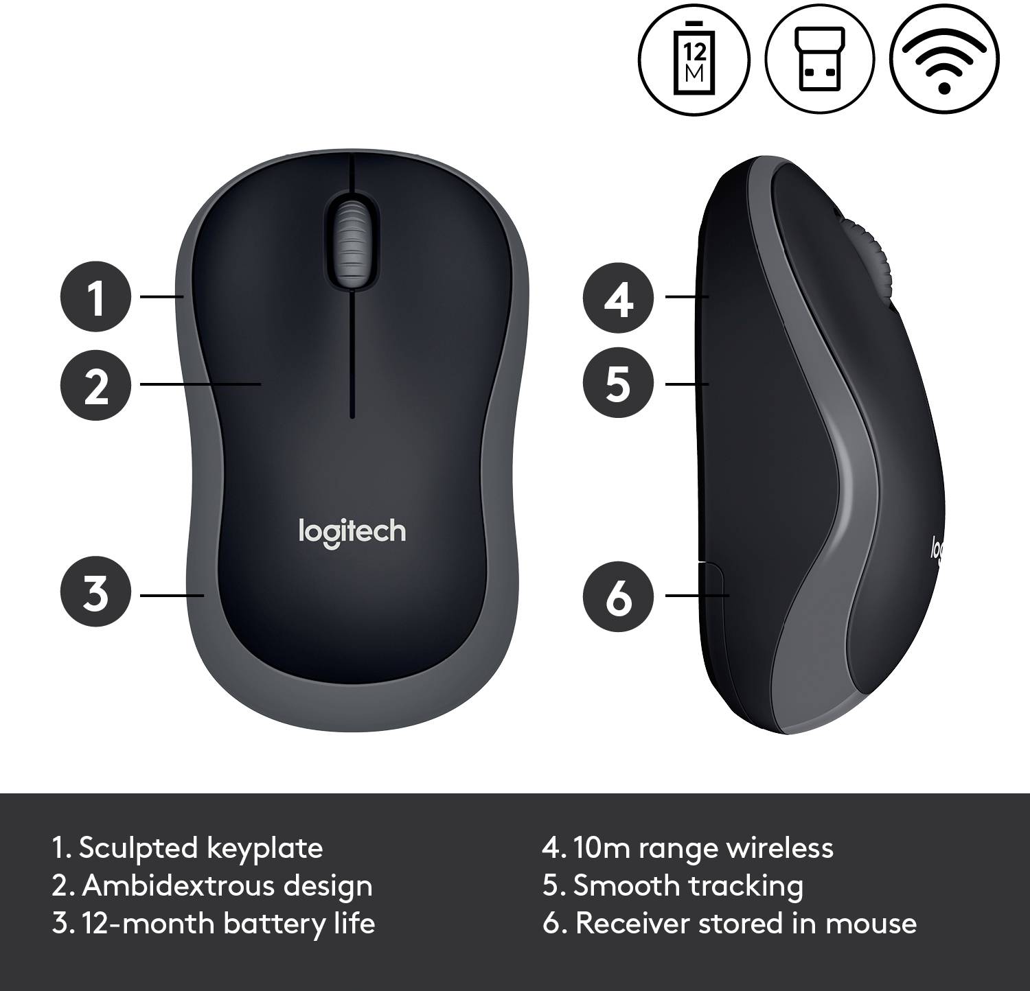 L'illustration présente une souris sans fil avec six caractéristiques distinctives : touches profilées, utilisation ambidextre, autonomie de batterie de 12 mois, portée de 10 m, suivi fluide et rangement du récepteur.