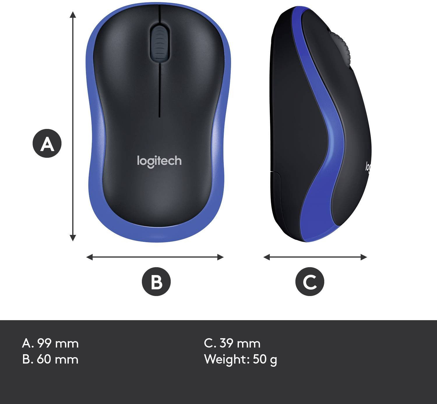Souris Logitech en noir et bleu, vue de face, latérale et de dessus. Dimensions : A. 99 mm, B. 60 mm, C. 39 mm, Poids : 50 g.