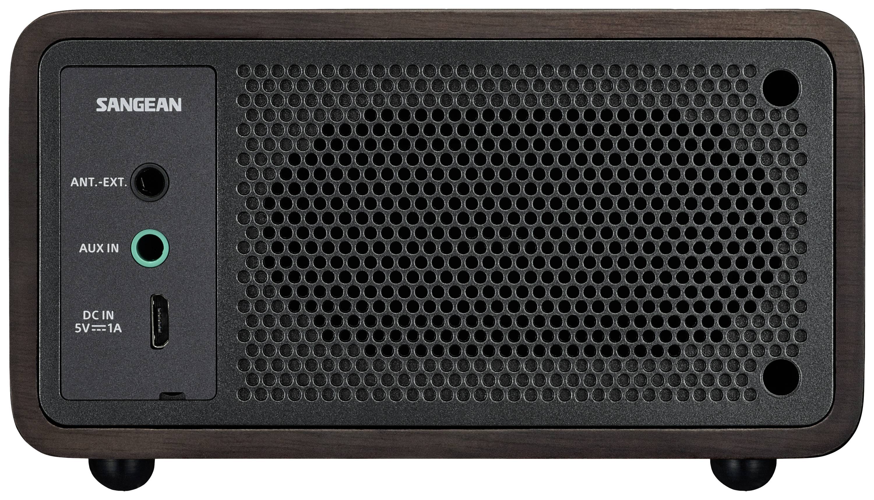 Face avant d'un haut-parleur noir avec options de connexion : « ANT. EXT. », « AUX IN » et « DC IN 5V 1A ». Grille du haut-parleur visible.