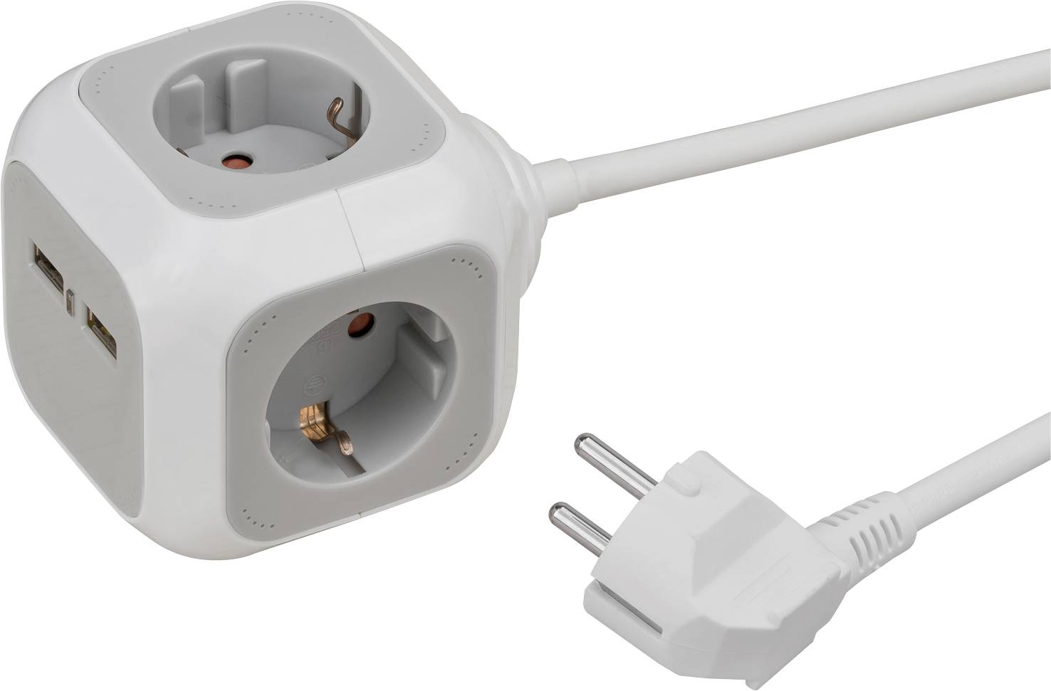 Cube extensible blanc avec prise de courant de type européen multiples et deux ports USB, doté d'une fiche bipolaire et d'un cordon.