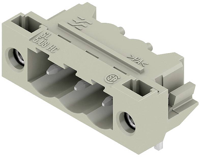 Un connecteur rectangulaire gris-beige avec trois emplacements et des contacts métalliques, pourvu de vis sur le côté, destiné aux connexions électriques.
