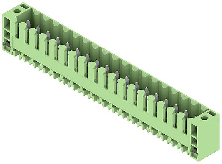 Connecteur vert à broches multiples, élément typique des circuits et câblages électroniques.