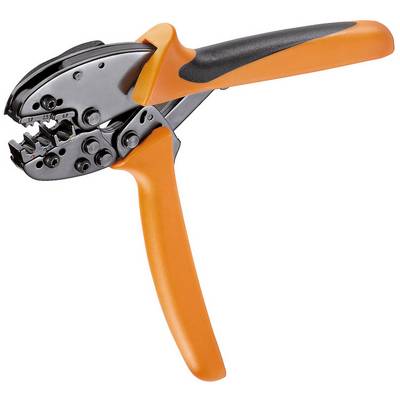 Une pince à sertir orange et noire avec une poignée ergonomique, adaptée pour connecter des câbles en comprimant des raccords métalliques.