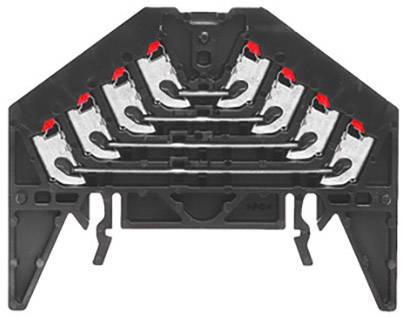 Pièce en plastique avec six attaches métalliques marquées en rouge. Probablement un composant technique ou un élément de connexion.
