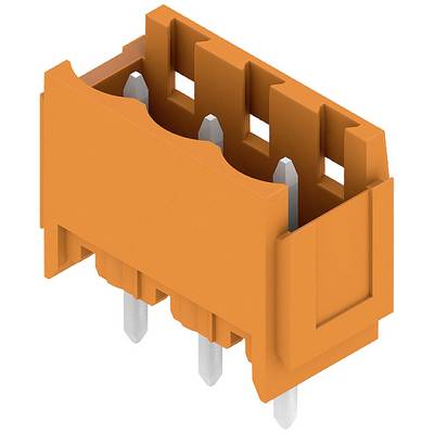 Un connecteur électrique orange avec trois broches métalliques à sa base, adapté pour un montage sur circuit imprimé.