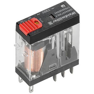 Un relais électromagnétique transparent avec bobine en cuivre et bornes de connexion rouges, adapté pour 230V.