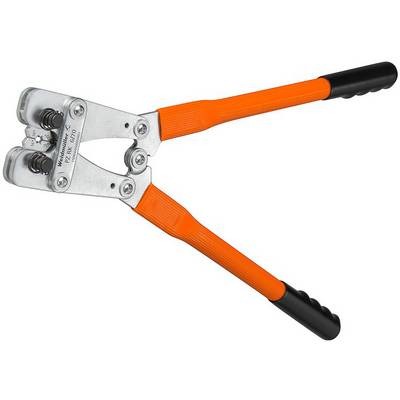 Une pince à sertir métallique avec des poignées oranges, utilisée pour fixer des connecteurs sur des câbles.