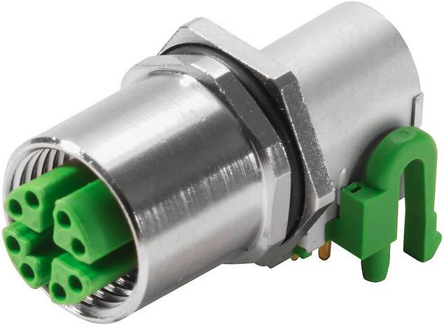 Connecteur métallique avec élément en plastique vert, adapté aux applications industrielles et aux systèmes de câblage robustes.