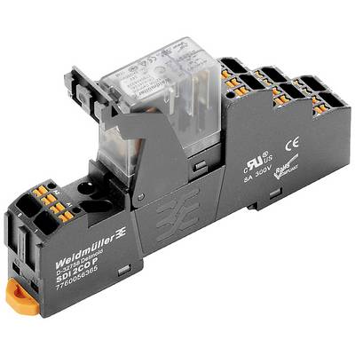 Relais sur une base de socle noire avec des bornes de connexion oranges. Nom de marque et spécifications techniques imprimés.