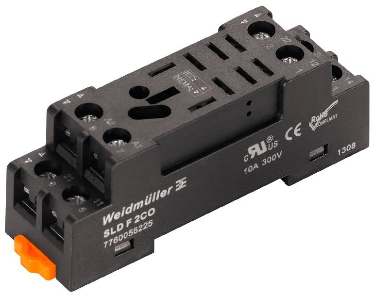Un support de relais Weidmüller SLD F2CO noir, adapté pour 10A et 300V. Marqué avec les certifications CE et RoHS.