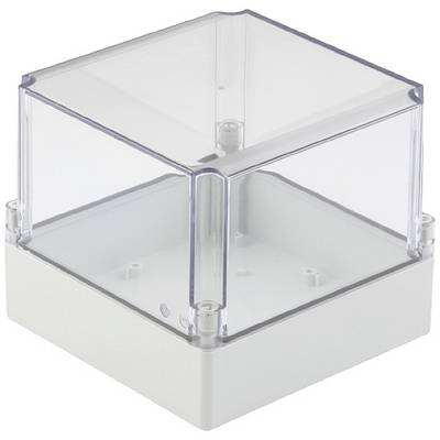 Un boîtier de protection transparent en plastique, de forme carrée, avec un fond blanc, destiné à couvrir et protéger des équipements.