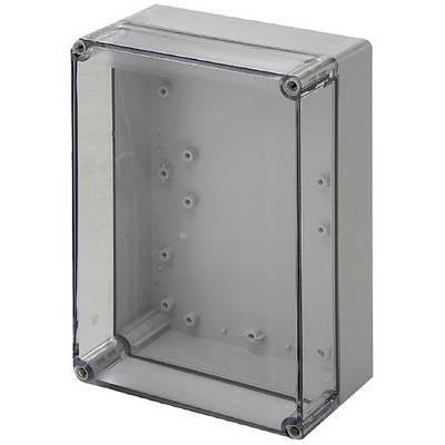 Boîtier rectangulaire en plastique transparent pour montage mural, avec trous de fixation pour l'installation d'appareils électriques ou électroniques.