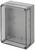 Boîtier rectangulaire en plastique transparent pour montage mural, avec trous de fixation pour l'installation d'appareils électriques ou électroniques.