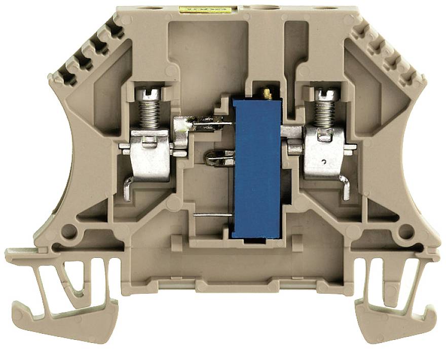 Bornes à ressorts métalliques dans un boîtier en plastique, utilisées pour les connexions électriques.