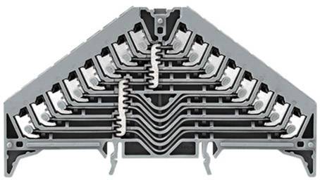Borne électrique avec bornes de connexion multiples et système de routage de câbles ramifié, gris et noir, pour montage en armoire électrique.