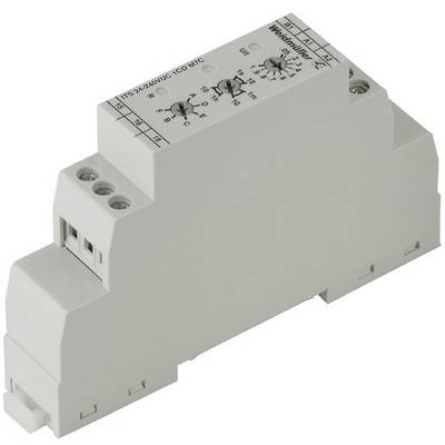 Un relais multifonction pour rail DIN blanc avec boutons rotatifs et marquages techniques sur le dessus, monté sur un rail profilé.