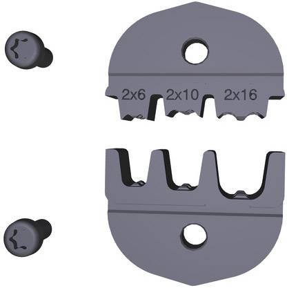 'Pince à sertir avec goupille de verrouillage, petite structure grise avec différentes indications de tailles de câbles : 2x6, 2x10, 2x16. Parties supérieure et inférieure présentées.'