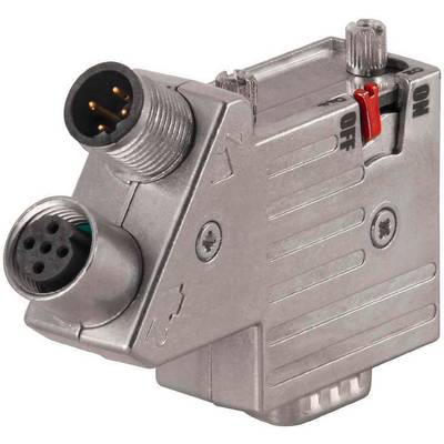 Un connecteur métallique rectangulaire avec plusieurs emplacements circulaires et un interrupteur comportant les positions 'OFF' et 'ON'.