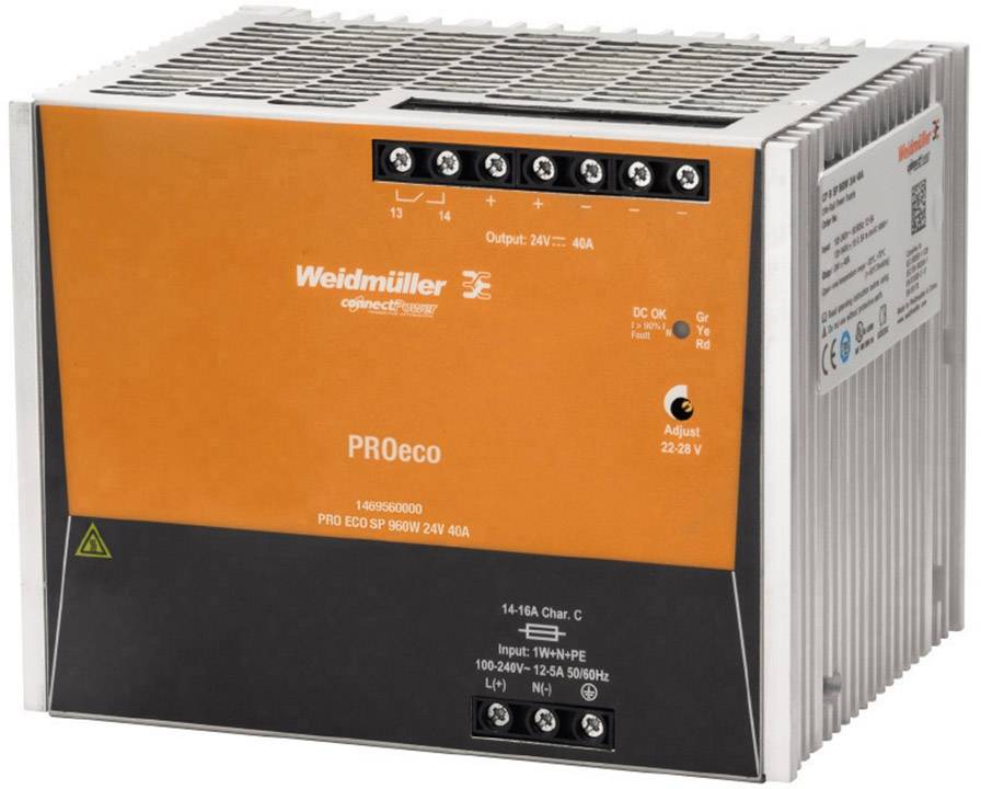 Un bloc d'alimentation Weidmüller PROeco orange-noir-argent pour 24V courant continu, modèle SP 960W, avec affichage pour le réglage de la tension.