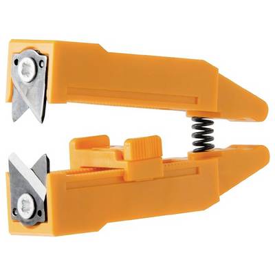 Outil dénudeur de câbles orange avec un design à double lame et un ressort central, utilisé pour couper et dénuder efficacement les fils électriques.