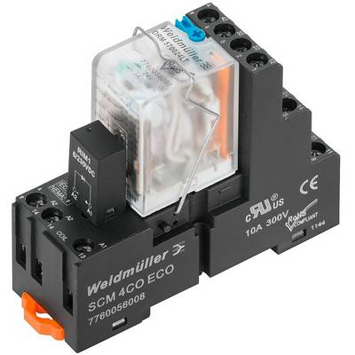 Un relais électrique noir de la marque Weidmüller portant l'inscription 'SCM 4CO ECO'. Adapté pour 10A, 300V.