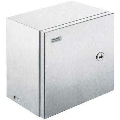 Armoire murale en métal argenté avec serrure et petite plaquette.