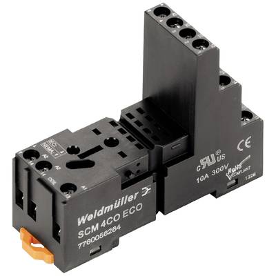 Un module relais électrique noir avec plusieurs bornes, portant l'inscription 'Weidmüller SCM4C0 ECO', avec des marquages techniques visibles.