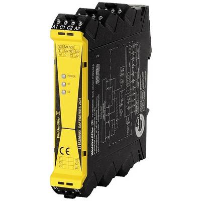 Un relais de sécurité de la série Weidmüller SAFESERIES SCS24VDC1CO, jaune et noir, avec des détails techniques et des connexions imprimés dessus.